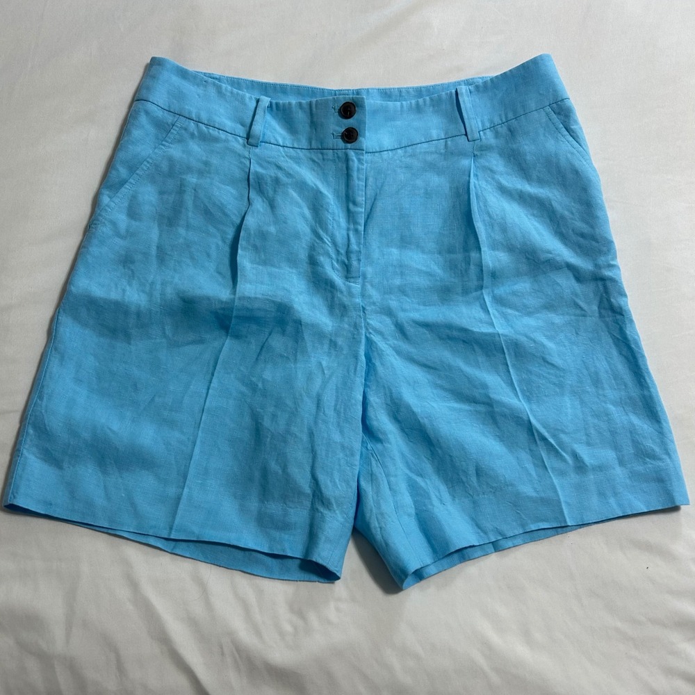 Talbots Womens 12P Blue 100% Linen Pleated Front Shorts Petite VN5750